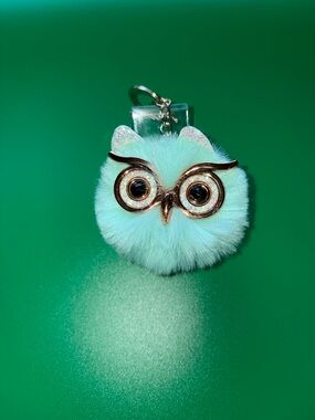 Aqua Furry Owl Keychain with Gold Accents
